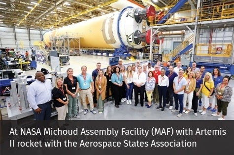 At NASA Michoud assembly facility (MAF) with Artemis II rocket with the Aerospace States Association